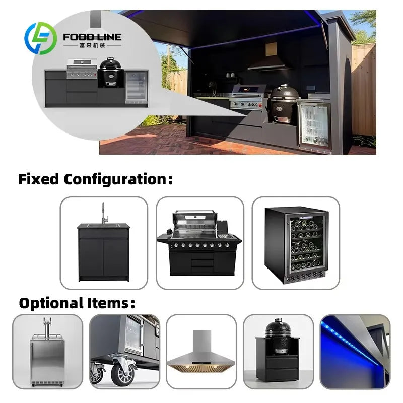 Customized Antirust Stainless Steel Outdoor Kitchen with Closable Shed Moisture Resistant Outdoor Kitchen BBQ Pod for Villa