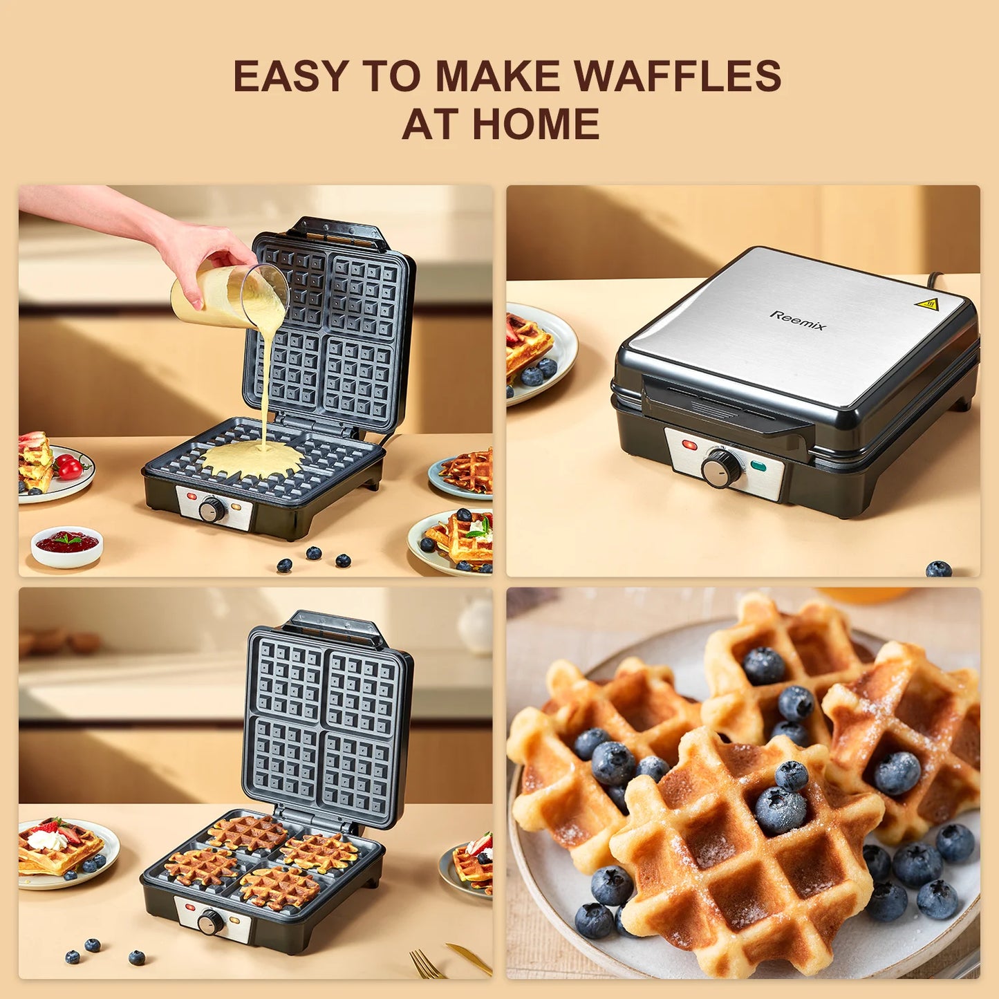 4-Slice Belgian Waffle Maker, 3 Browning Levels with Nonstick Square Waffler Iron Plates, 1200 Watts, Compact Design