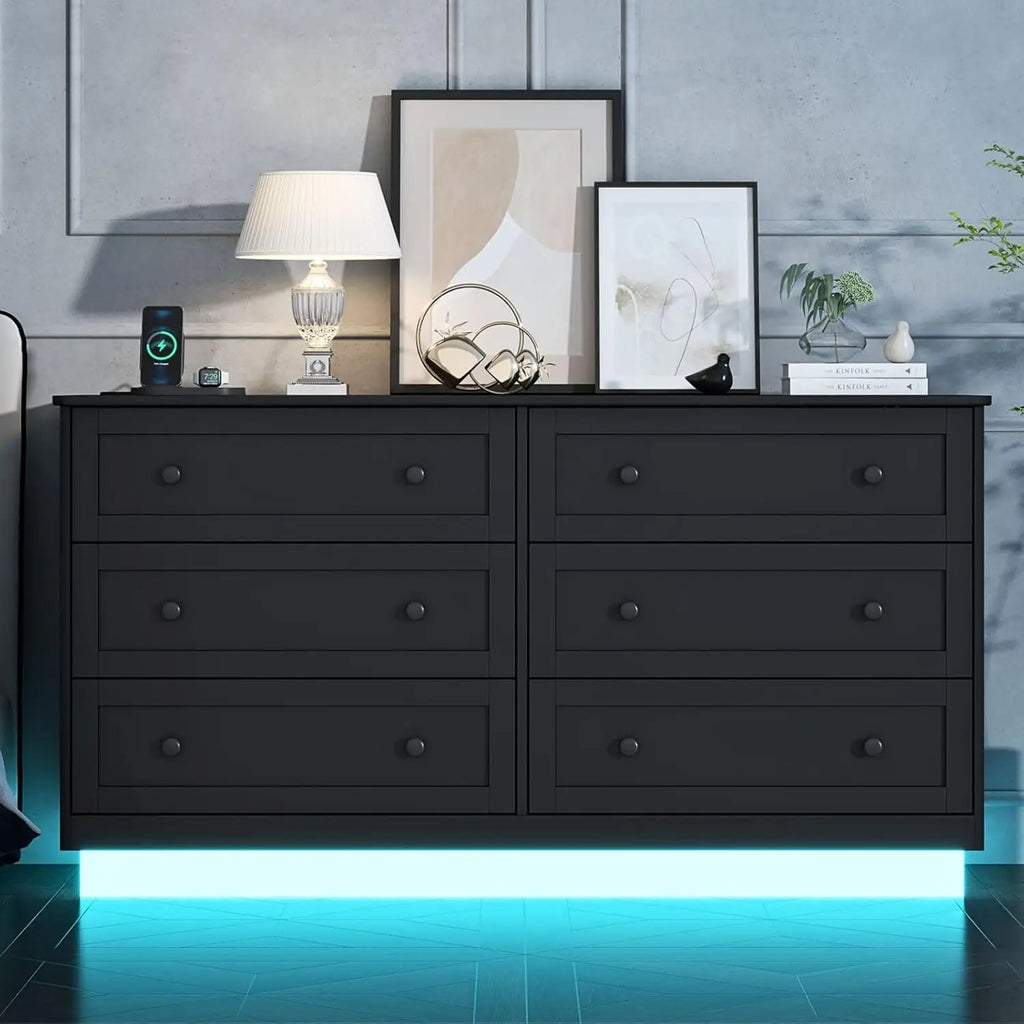 6 Drawer Dresser with Power Outlet, Modern Chest of Drawers with Led Light, Double Wide Drawer Organizer Cabinet
