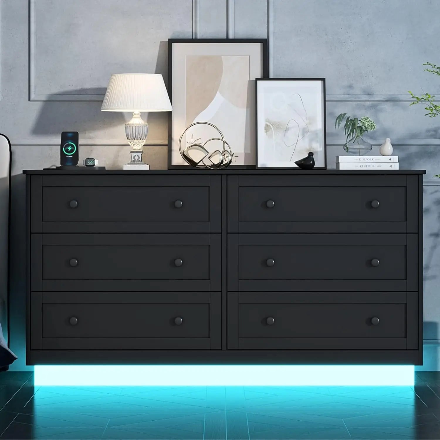 6 Drawer Dresser with Power Outlet, Modern Chest of Drawers with Led Light, Double Wide Drawer Organizer Cabinet