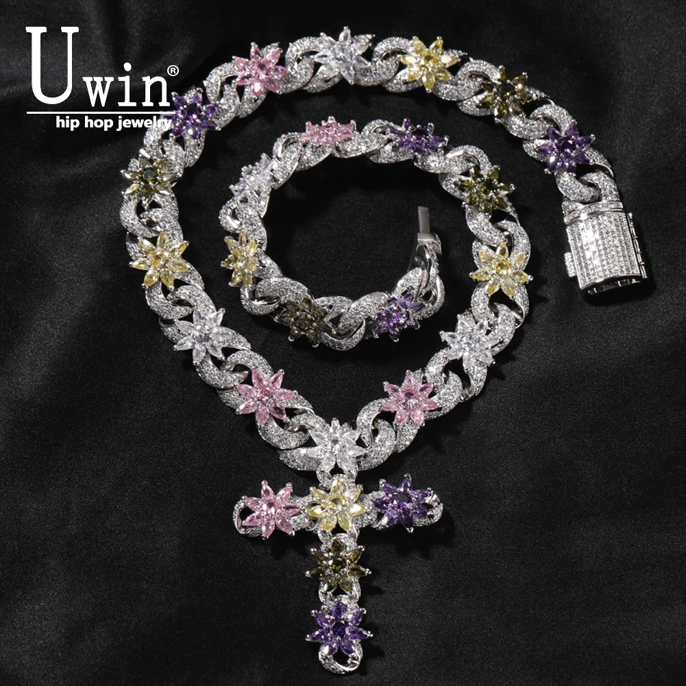 Colorful Flower Cuban Chain - Full Paved Iced Out Baguette CZ Hip Hop Necklace | AlluCanFind