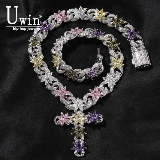Colorful Flower Cuban Chain - Full Paved Iced Out Baguette CZ Hip Hop Necklace | AlluCanFind