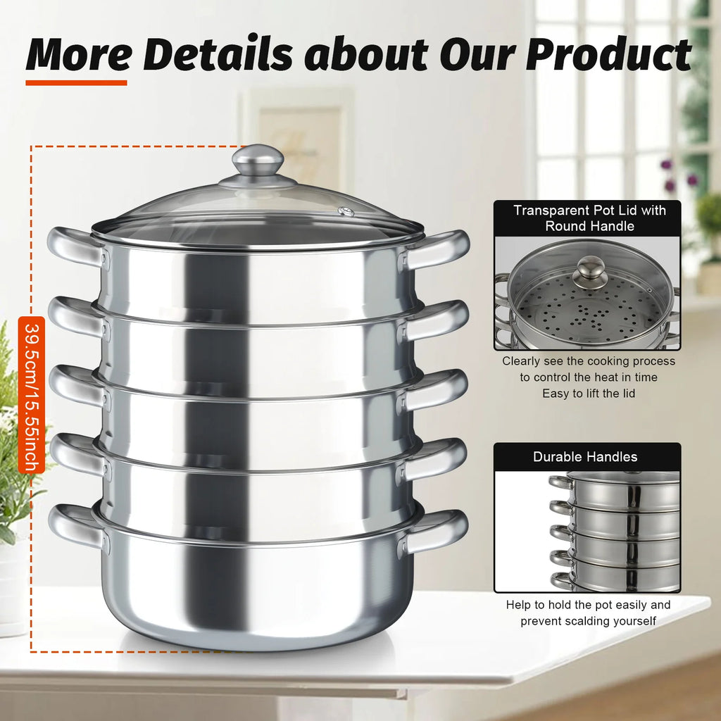 5 Tier Stainless Steel Steam Cooker Steamer Food Vegetable Pot Kitchen 26CM/28CM/30CM