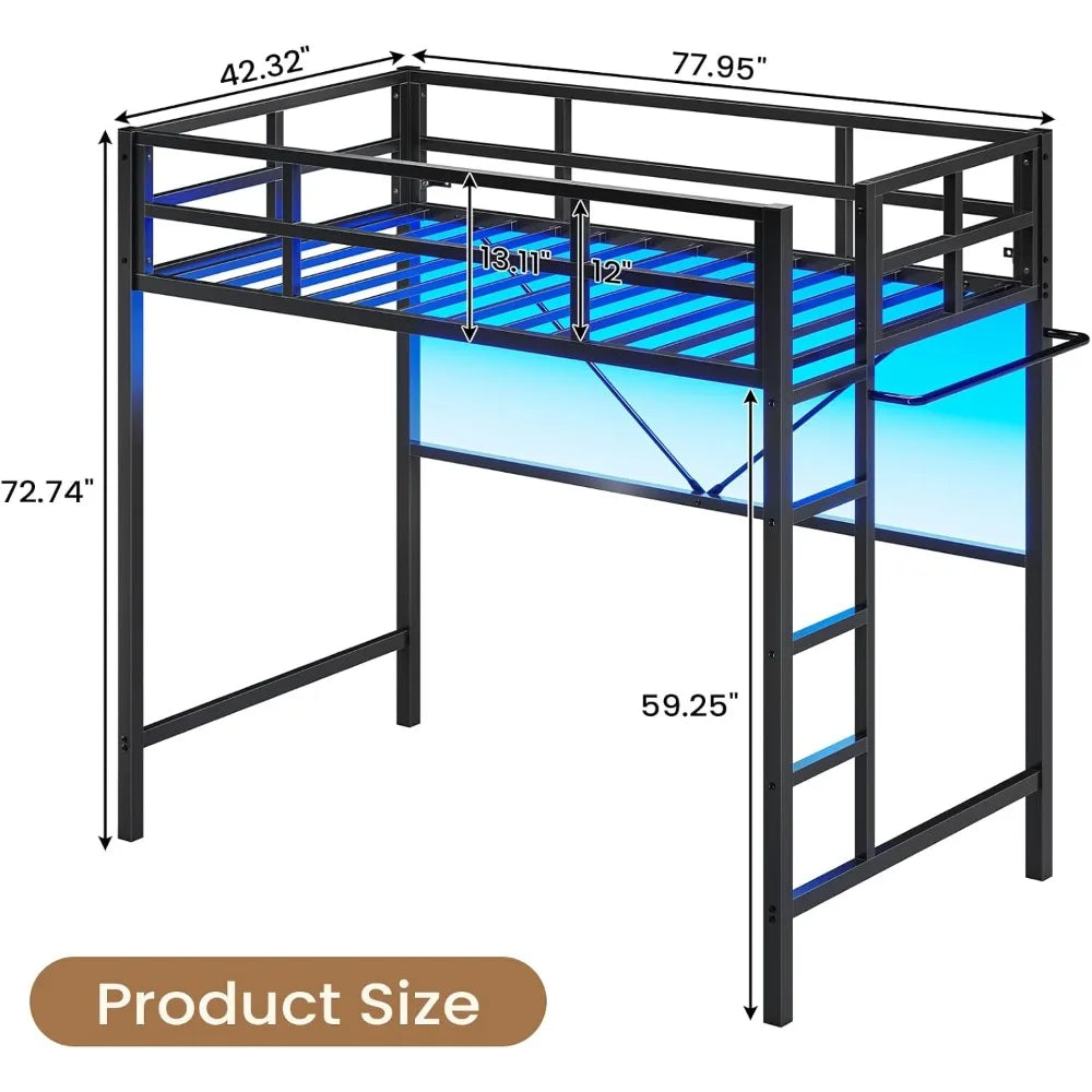 Twin Loft Bed with LED Lights, Metal Loft Bed Twin Size with Full-Length Guardrail Clothes Rack, Heavy Duty Metal Loft Bed Frame