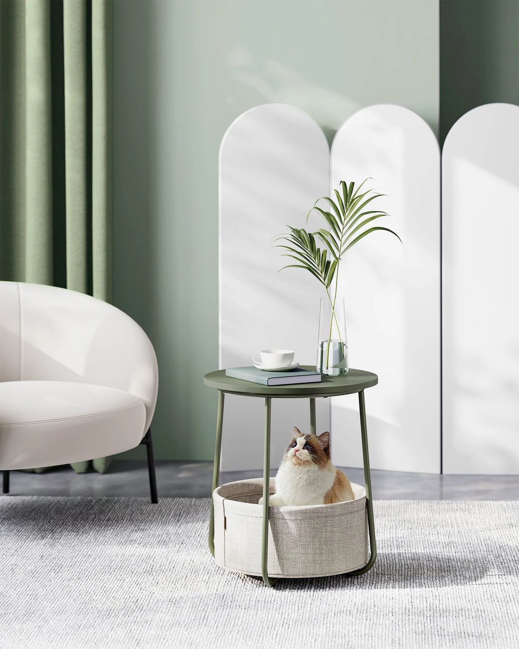 VASAGLE side table round small table coffee table small living room table with fabric basket living room storage space
