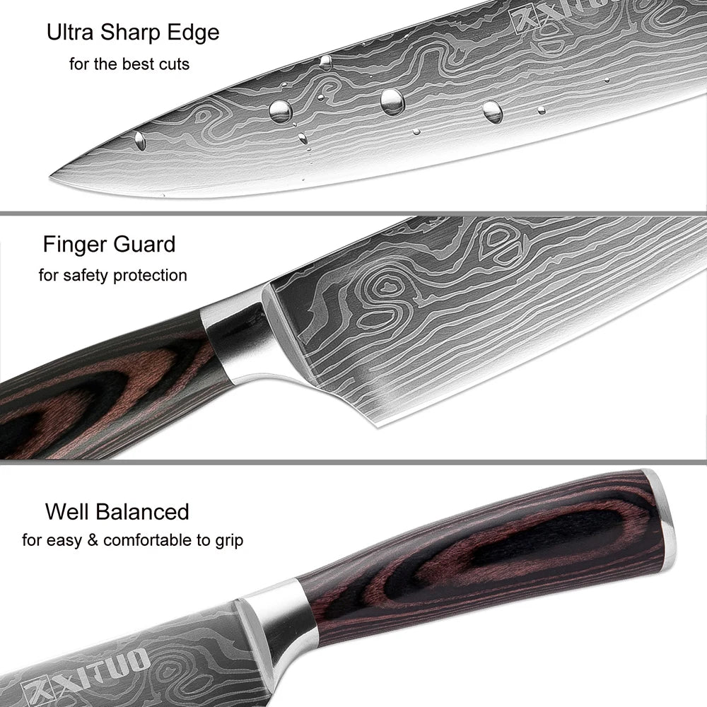 Kitchen Knife Japanese Laser Pattern Chef Knife Ultra sharp Santoku Slicing Knife Ergonomic color wood handle Cut meat,vegetable
