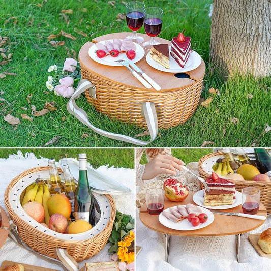Picnic Basket for 2 with Wine Table & Cooler – Wicker Outdoor Set