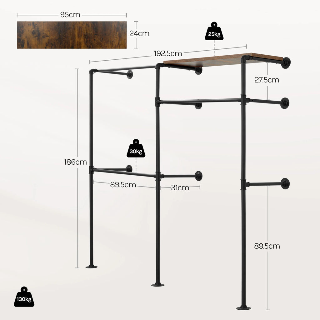 WOLTU Wall Mounted Open Wardrobe with 1&5 MDF Shelves Steel Tube Clothes Rail Industrial Style Coat Rack for Cloakroom Bedroom