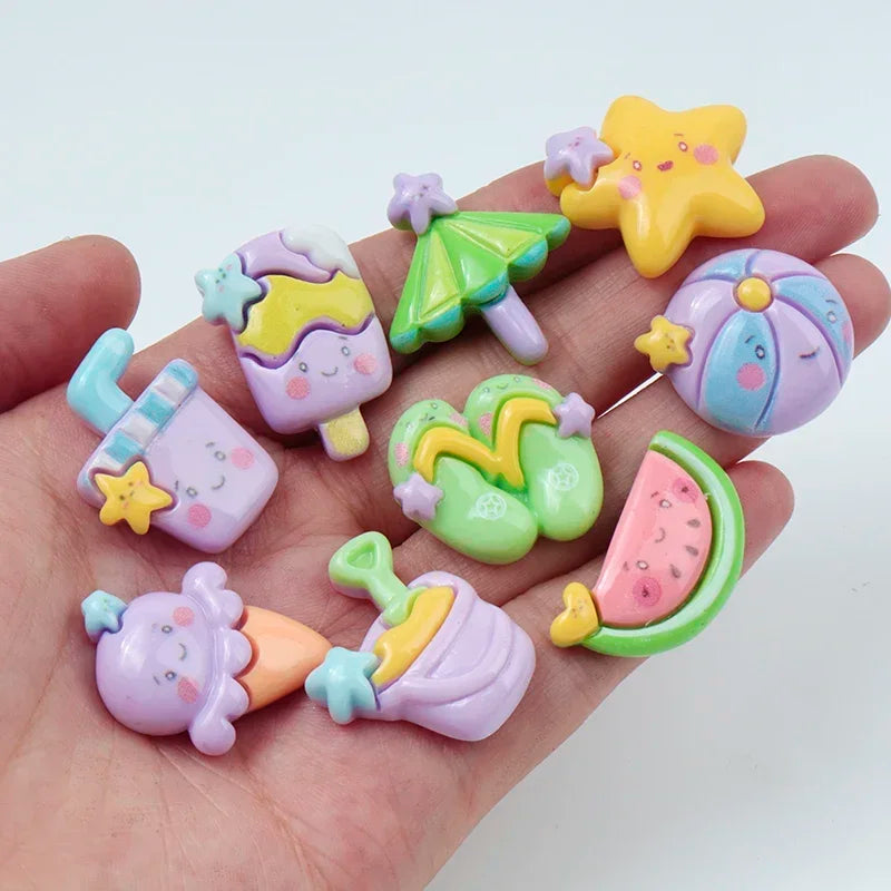 10/100pcs Cartoon Beach Umbrella Slippers Series Decorated Flatback Resin DIY Cabochon Crafts Supplies Hair Clips Decor Material