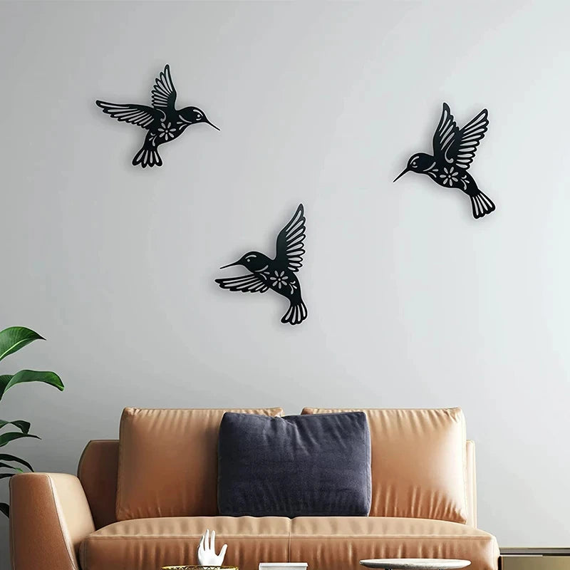 DDPNKL 3Pcs/Set Black Metal Hummingbird Wall Decor Hollow Out Iron Art Bird Sculpture Ornament Waterproof Hanging Figurines