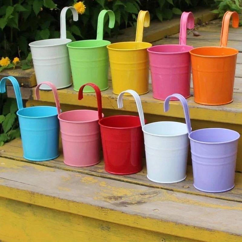 10pcs/set Metal Bucket Planter Wall-Mounted  Flower Pot for Balcony - Indoor/Outdoor Garden Decor with Hanging & Drainage Holes