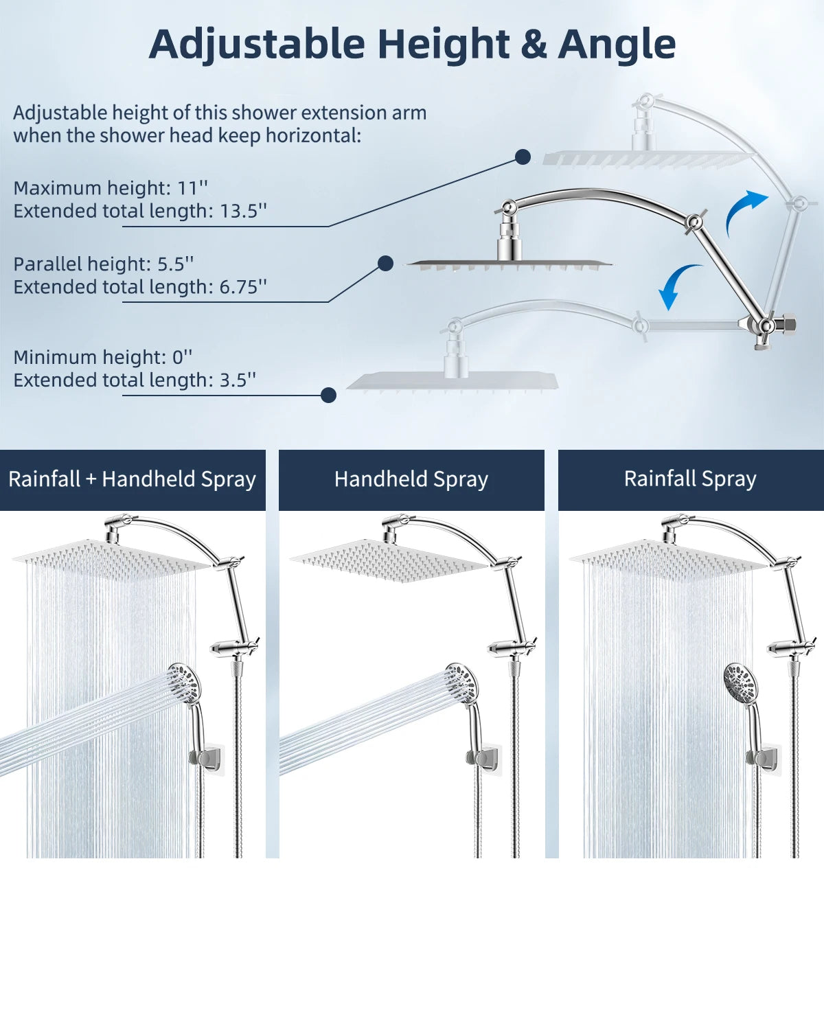 12'' High Pressure Rainfall Shower Head Handheld Showerhead Combo, 16'