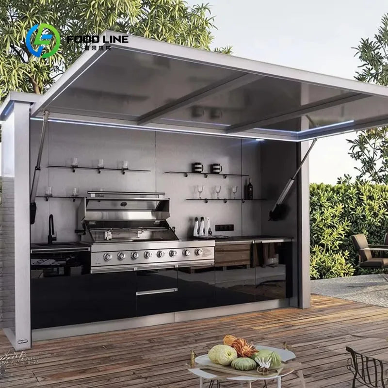 Customized Modern Portable Outdoor Kitchen Unit 8-Burner BBQ 58L Fridge Sink Acrylic Locking Swivel Casters Patio Party Catering