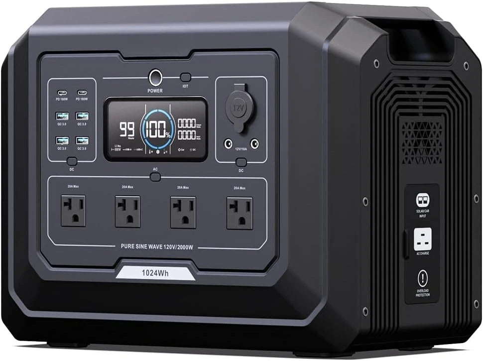 Mega 1 Portable Power Station 2000W (4500W Peak), 1024Wh LiFePO4 Battery Generator with 1400W AC Charging & 800W Solar Charging