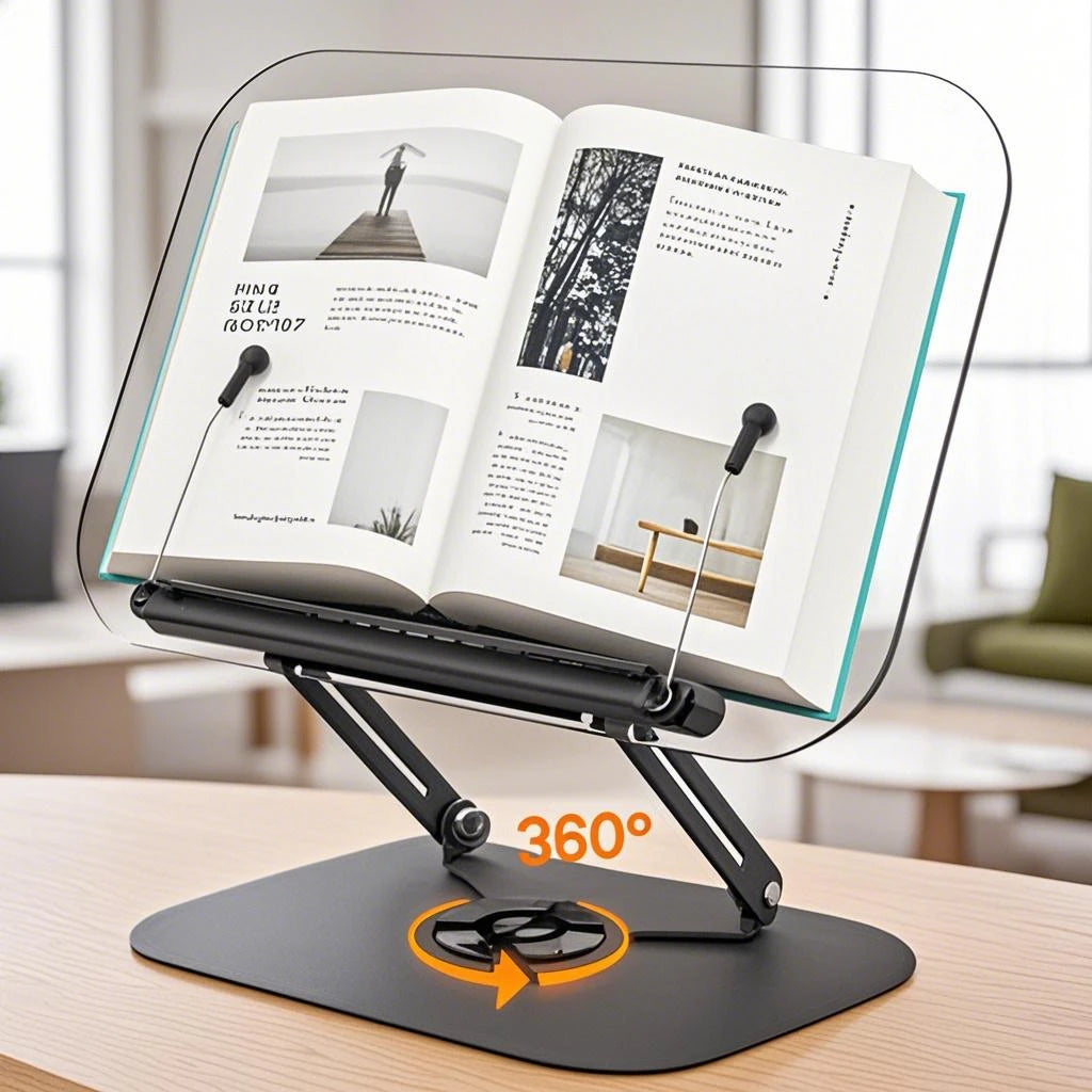 Book Stand for Reading, Adjustable Book Holder with 360° Rotating Base & Elastic Page Clips, Foldable Cookbook Stand for Office