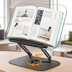 Book Stand for Reading, Adjustable Book Holder with 360° Rotating Base & Elastic Page Clips, Foldable Cookbook Stand for Office