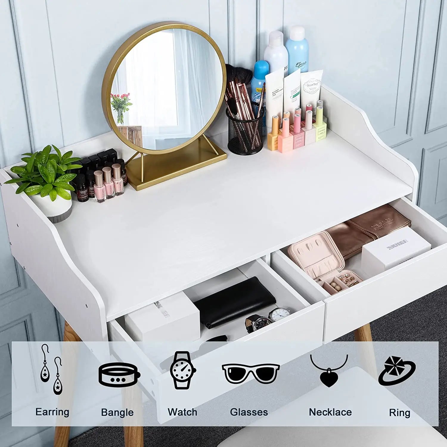 White Makeup Vanity Set with Mirror 2 Drawers Dressing Table for Bedroom