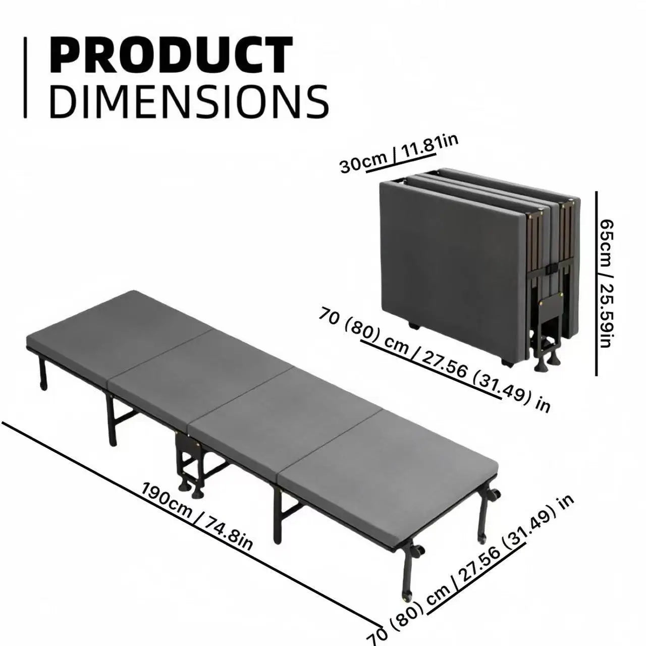 75英寸 Heavy Duty Folding Bed, Thickened Iron Frame, Portable Folding Bed, Lockable Pulley, Suitable for Office Nap, Hospital Ac