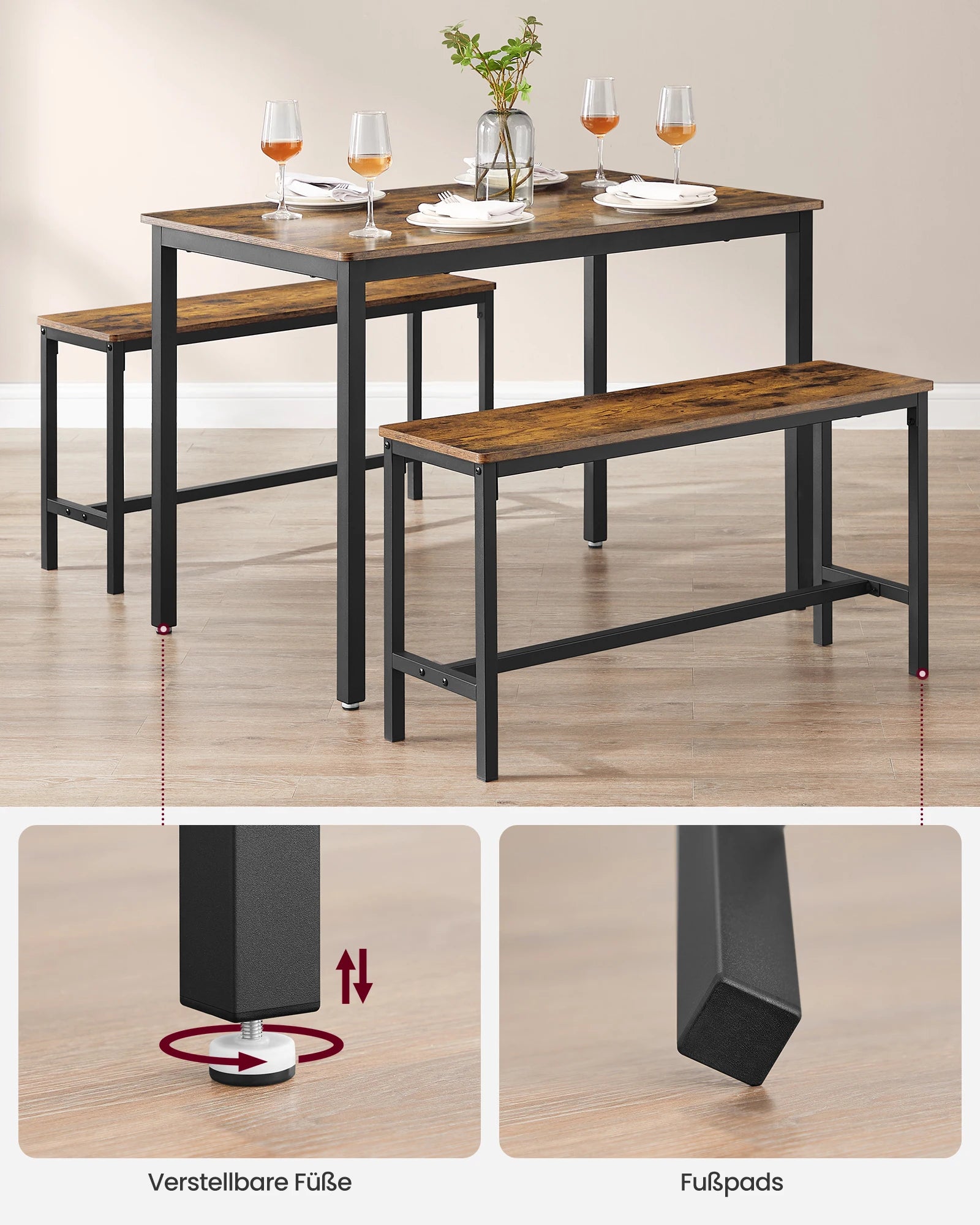 VASAGLE Dining Group, (set, 3 PCs), Kitchen Table 70x110x75 cm, 2 benches each 30x97x50 cm