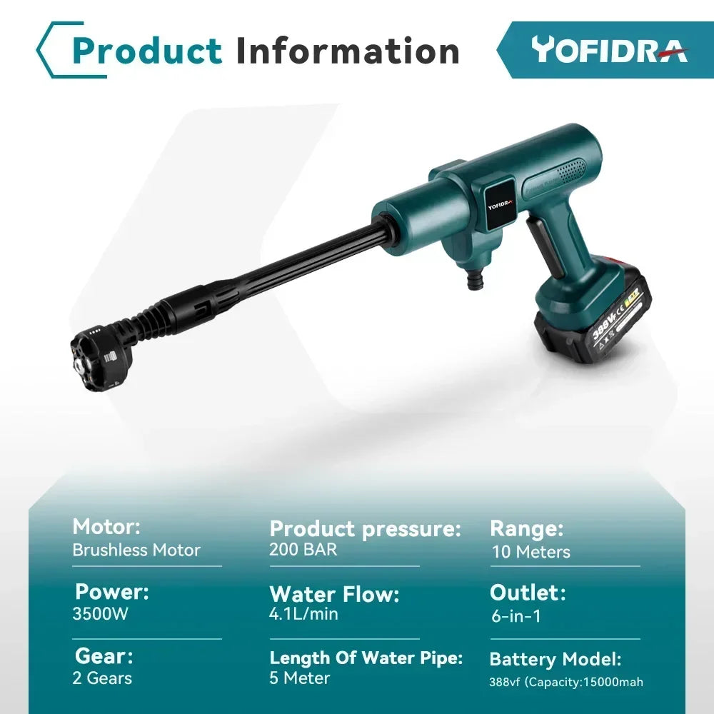 YOFIDRA 200Bar Brushless Electric Pressure Washer - 6-in-1 Spray Gun