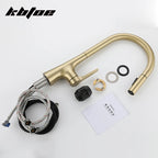 Brushed Gold Pull Out Kitchen Faucet Deck Mounted Stream Sprayer Hot and Cold Water Wash Sink Mixer Tap Brass 360 Rotation Crane