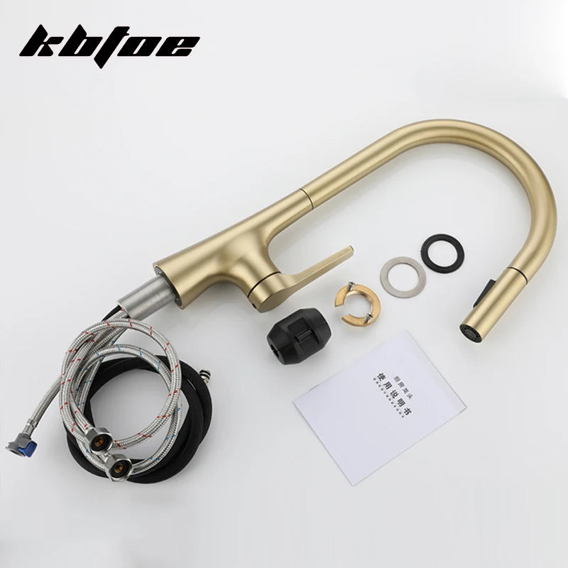 Brushed Gold Pull Out Kitchen Faucet Deck Mounted Stream Sprayer Hot and Cold Water Wash Sink Mixer Tap Brass 360 Rotation Crane