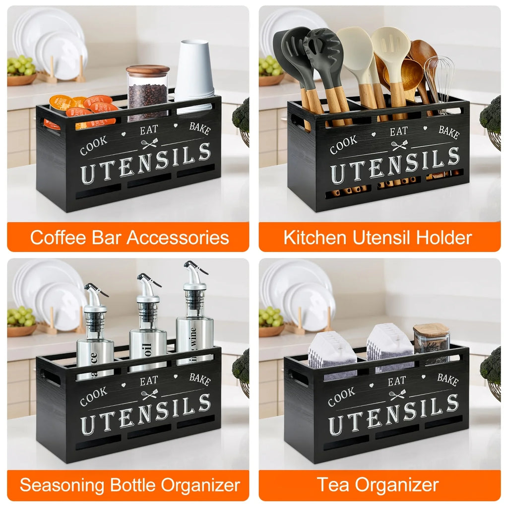 Wooden kitchen utensil rack, countertop utensil organizer with 3 compartments, rustic decor and cooking tool storage.