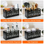 Wooden kitchen utensil rack, countertop utensil organizer with 3 compartments, rustic decor and cooking tool storage.