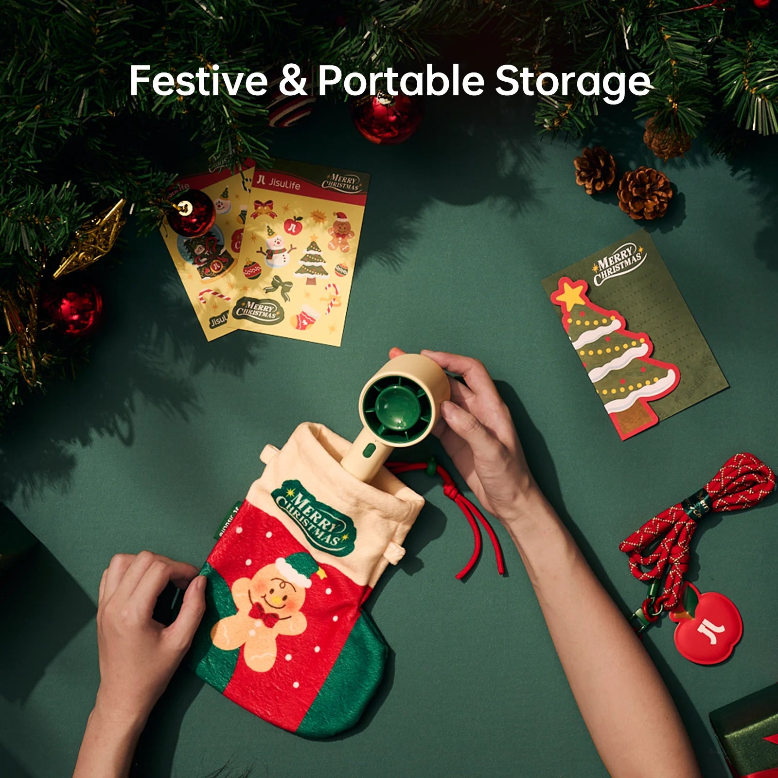 JISULIFE Christmas Special Edition Portable Handheld Fan 4000mAh Battery 5-Gear Fan Gifts for Women Men Kids Gift for Festival