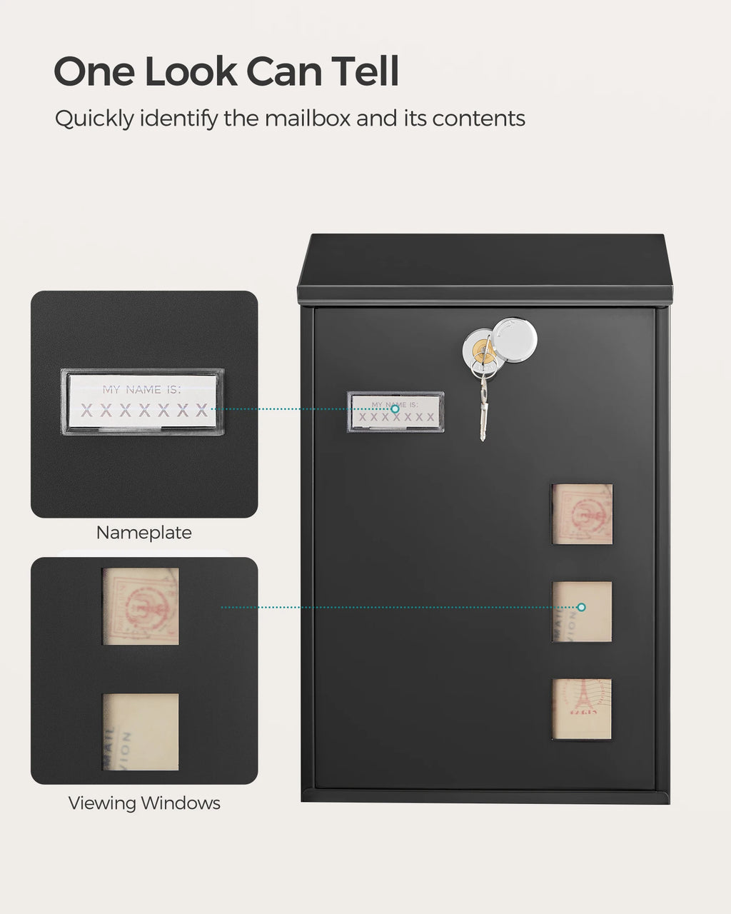 SONGMICS - Modern Wall Mounted Post Box with Viewing Windows, Nameplate, Lock with Copper Core, Easy to Install
