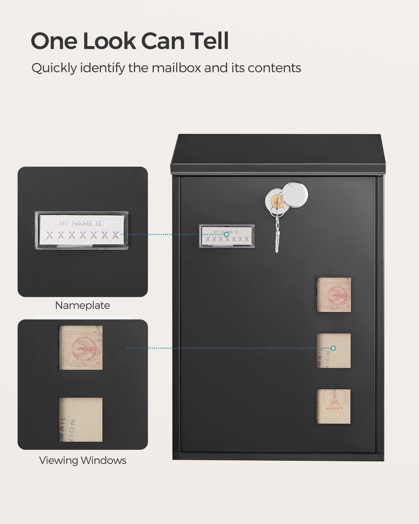 SONGMICS - Modern Wall Mounted Post Box with Viewing Windows, Nameplate, Lock with Copper Core, Easy to Install