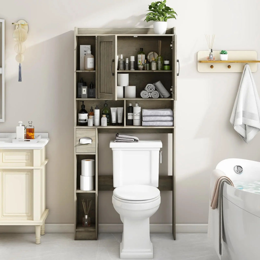 Vabches Bathroom Organizer Storage Wood Over The Toilet Storage Cabinet with Barn Doors&Toilet Paper Stand 67'' Tall Toilet Rack