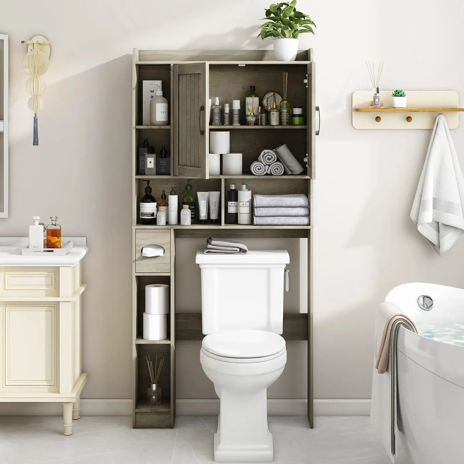 Vabches Bathroom Organizer Storage Wood Over The Toilet Storage Cabinet with Barn Doors&Toilet Paper Stand 67'' Tall Toilet Rack