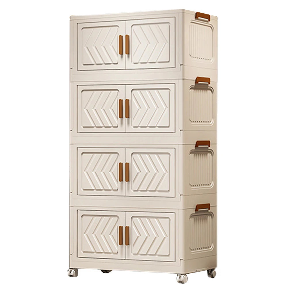 4 Tier Plastic Storage Containers with Doors & Wheels Foldable Organization Folding Storage Boxes for Living Room Bedroom Office
