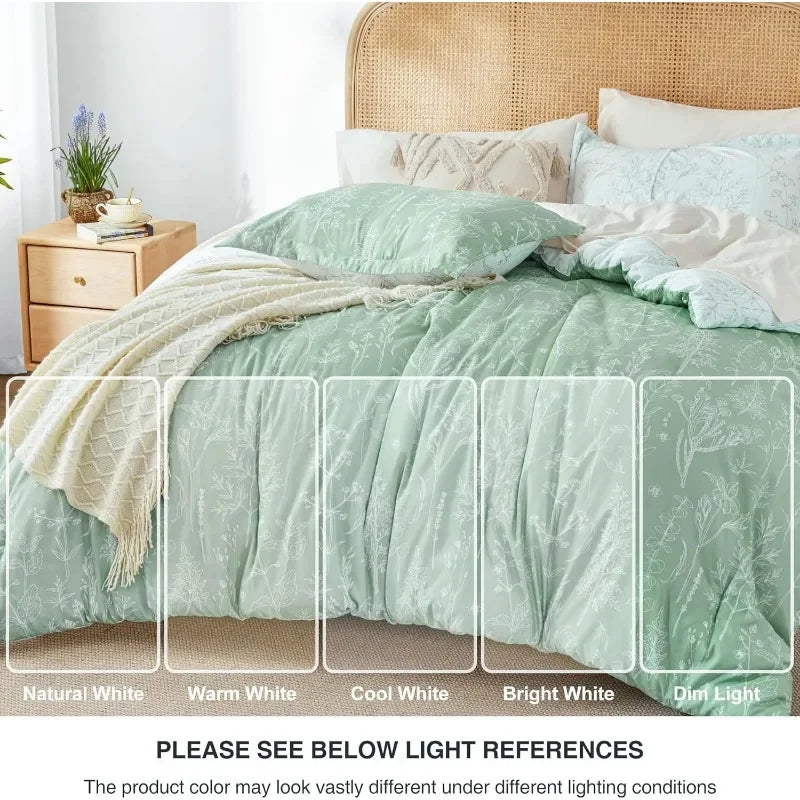 3 count Cute Floral Bedding Sets for All Seasons,1 Soft Reversible Botanical Flowers Comforter and 2 Pillow Shams
