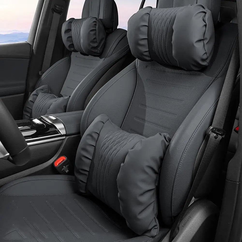Summer Car Headrest Lumbar Nappa Leather Support Pillow Set Soft Comfortable Breathable Car Neck Pillows Car Seat Accessories