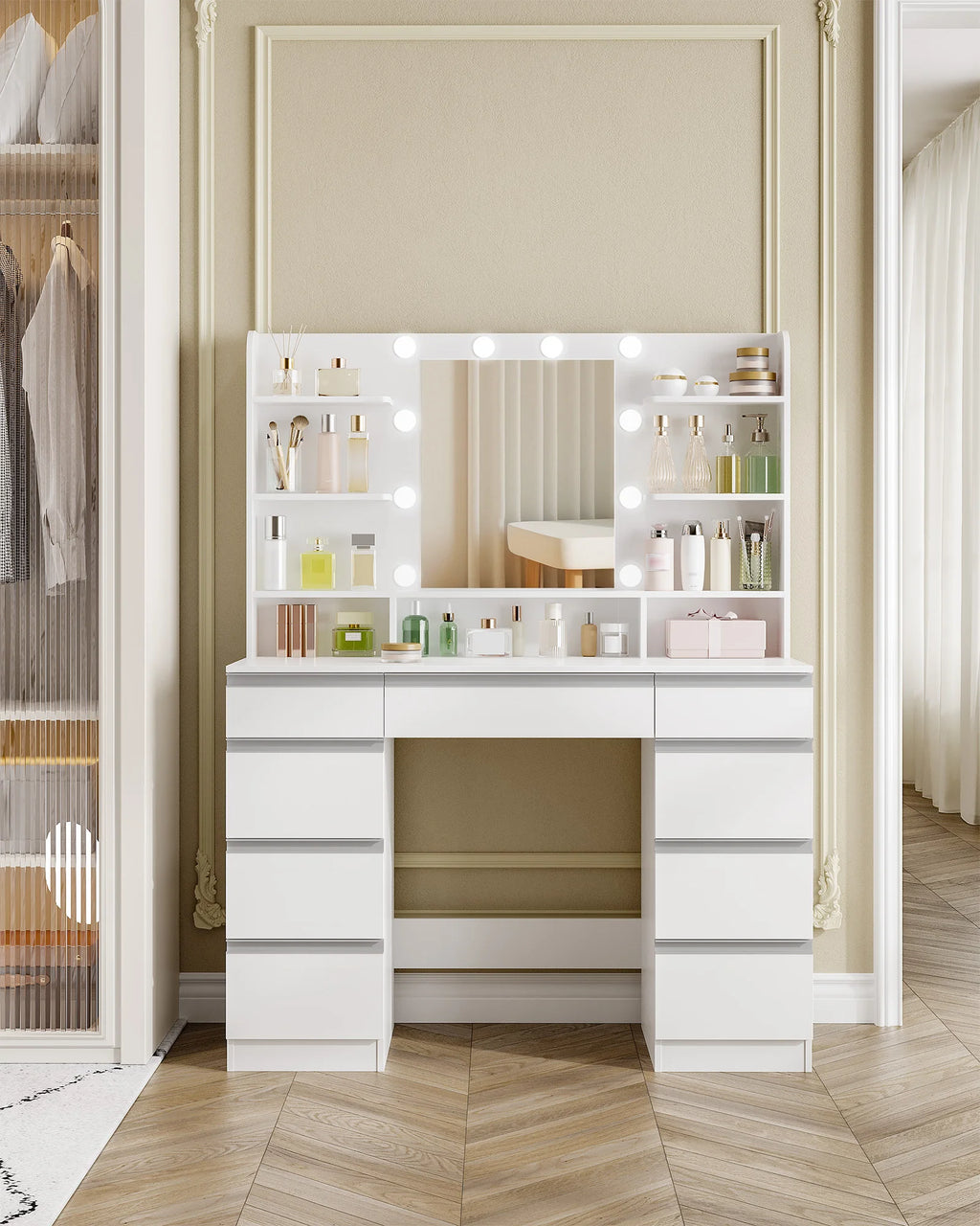 Dressing Table with 10 LED Light Balls,3 Colors,Adjustable Brightness,Large HD Mirror,1 Large Drawer and 8 Small Drawer Cabinets