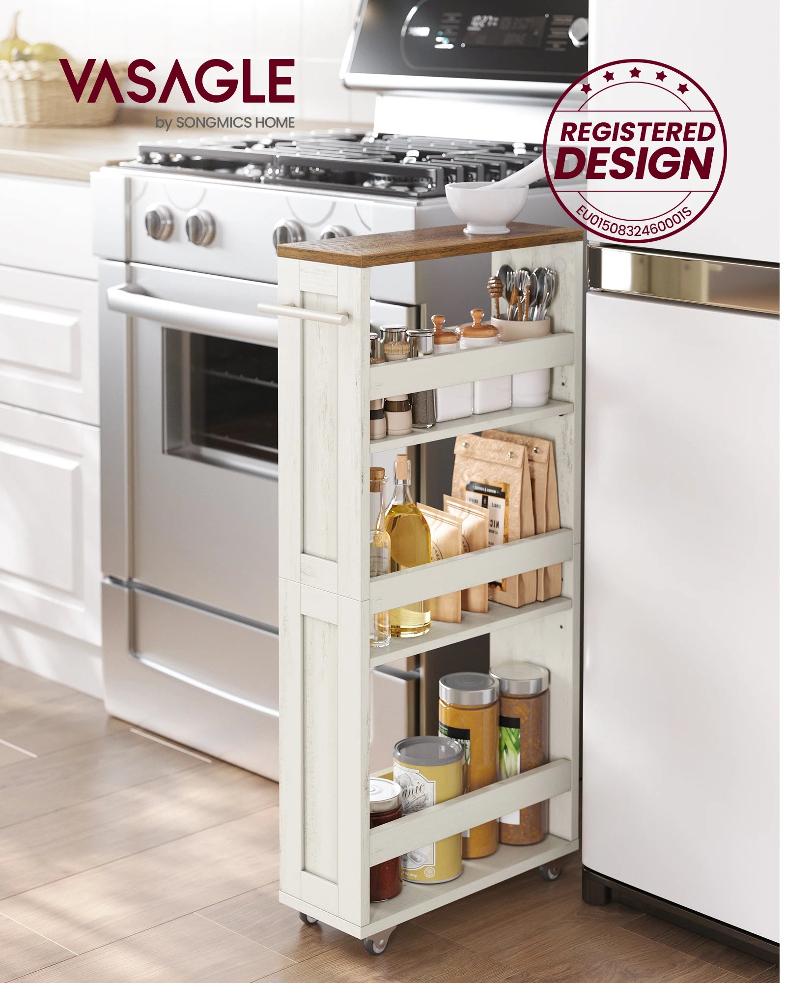 VASAGLE 4-Tier Slim Storage Trolley, Kitchen Trolley with Wheels, Handle, Small Space, 15 x 43.2 x 86.5 cm, Bathroom