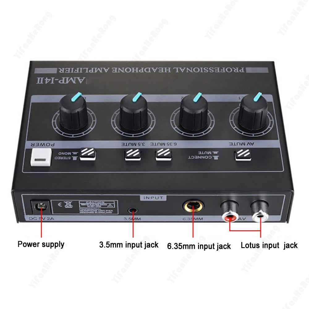 4-Channel Mono/Stereo Audio Set AMP Headphone Amplifier with RCA & 3.5mm & 6.35mm Input for Studio and Stage