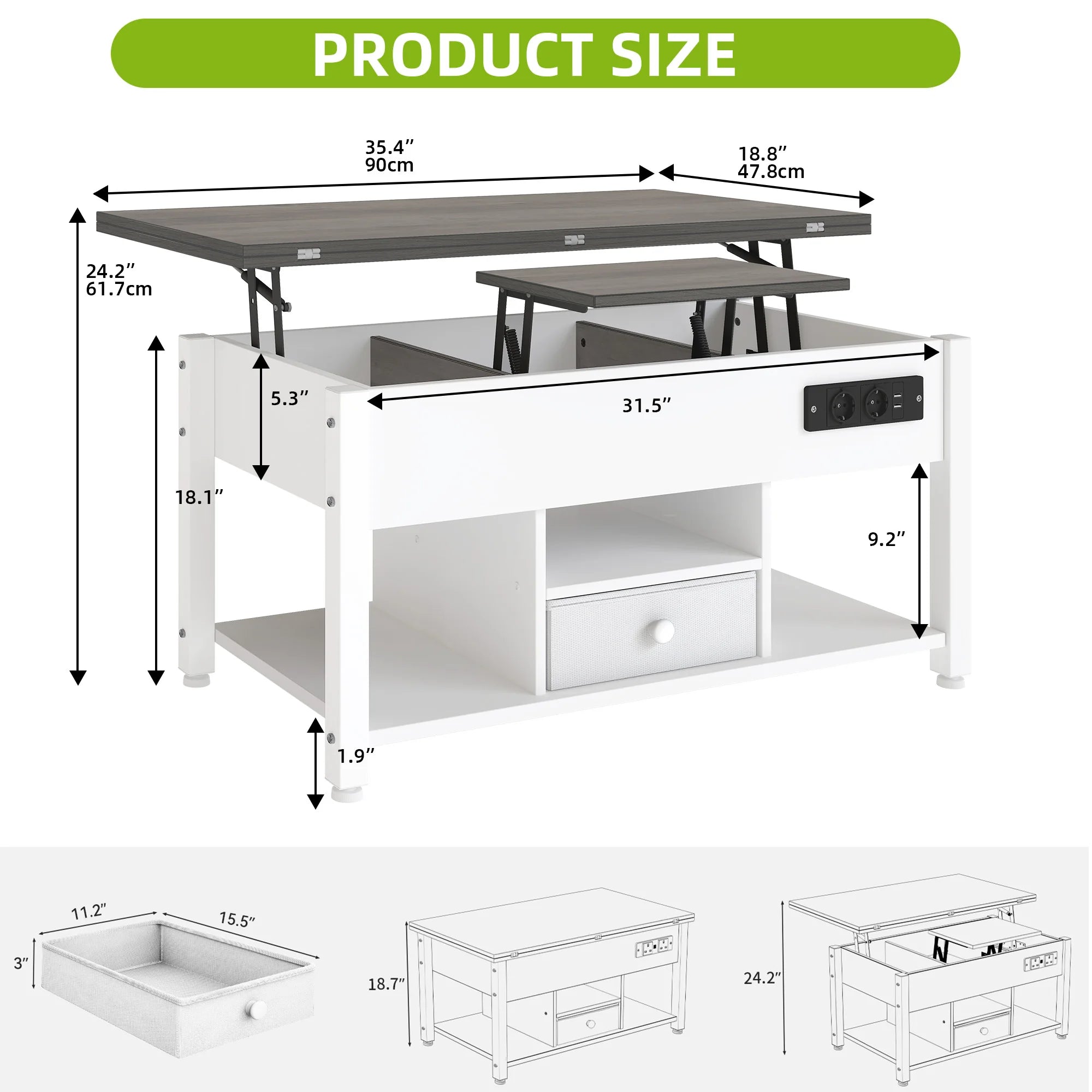 YITAHOME White & Grey 4-in-1 Coffee Table - Adjustable Height, Converts to Dining Table with Storage & LED Lighting