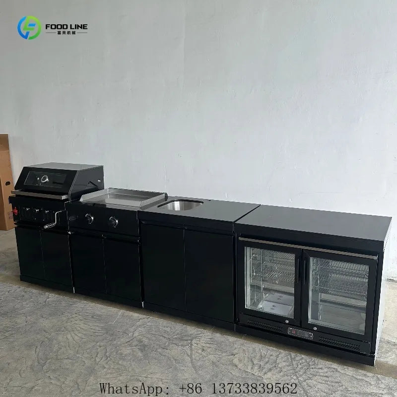 Customized Outdoor Kitchen Set Black 304 Stainless Steel Sink Cabinets Refrigerator Garden Charcoal Grill