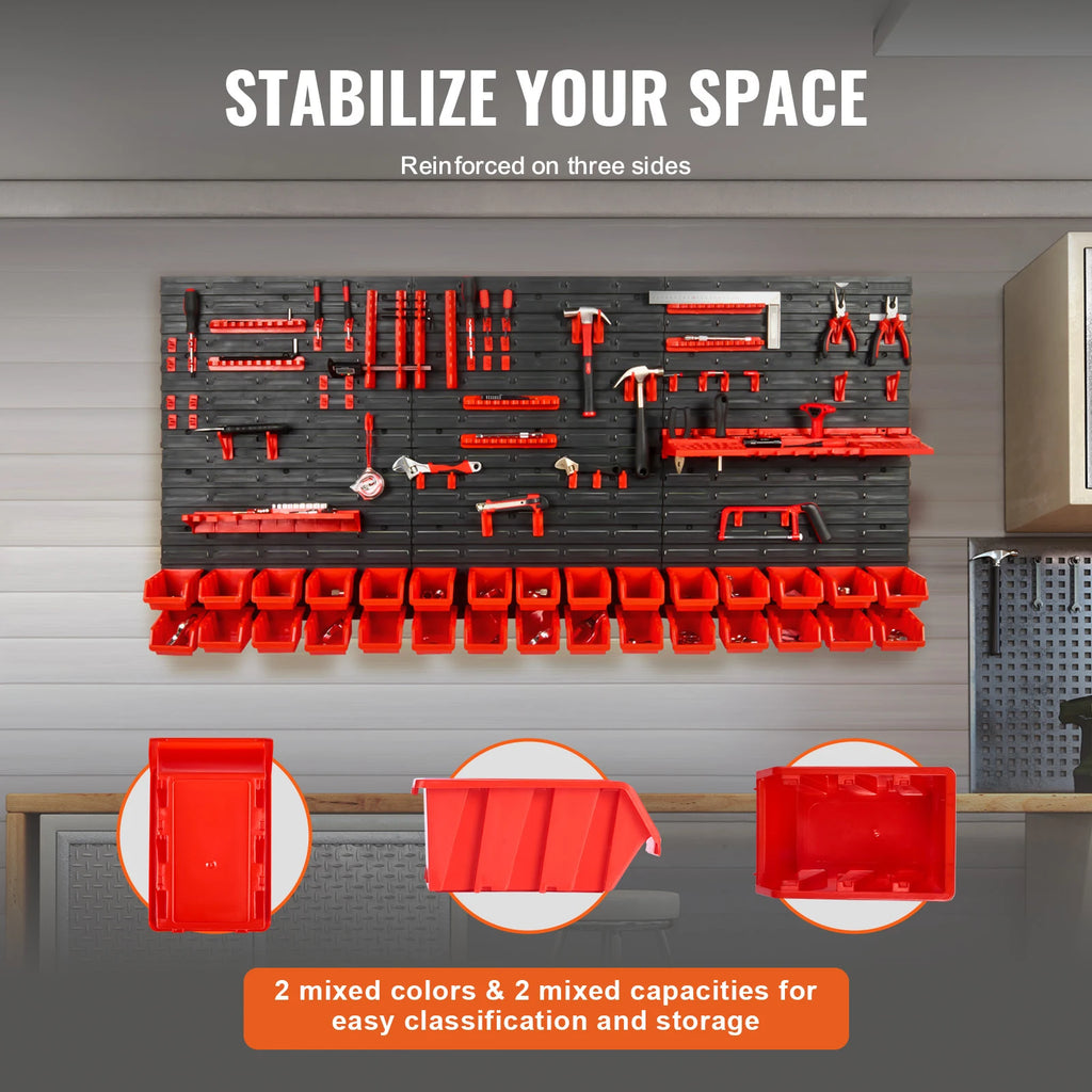 SucceBuy Wall Mounted Storage Bins 30/48-Bin Parts Rack Organizer Garage with Wall Panels Hooks Plastic Shop Tool