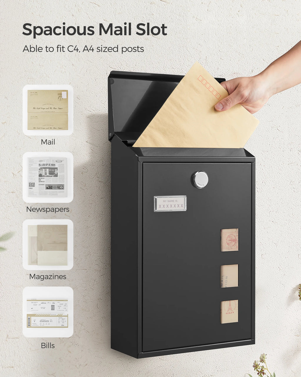 SONGMICS - Modern Wall Mounted Post Box with Viewing Windows, Nameplate, Lock with Copper Core, Easy to Install