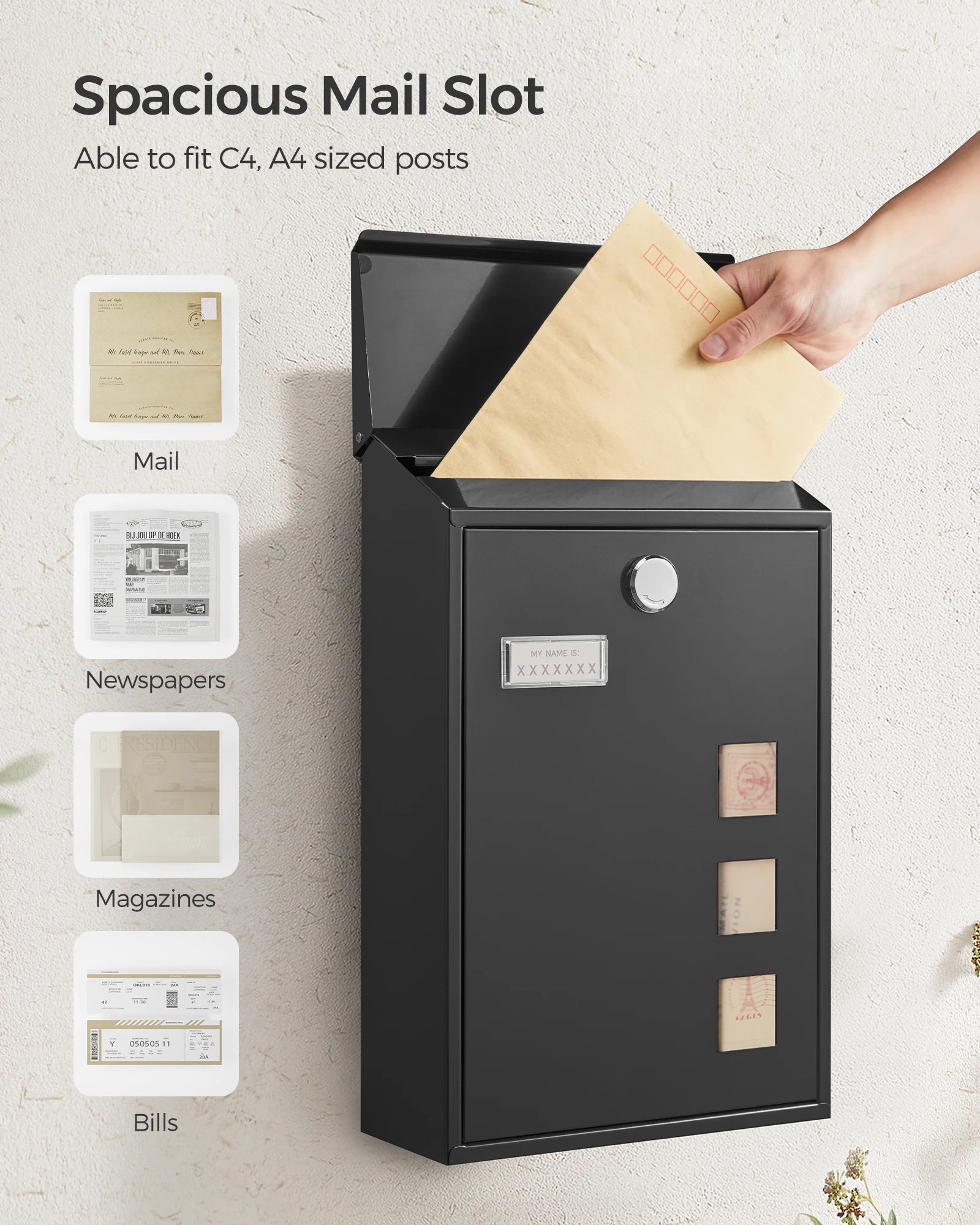 SONGMICS - Modern Wall Mounted Post Box with Viewing Windows, Nameplate, Lock with Copper Core, Easy to Install