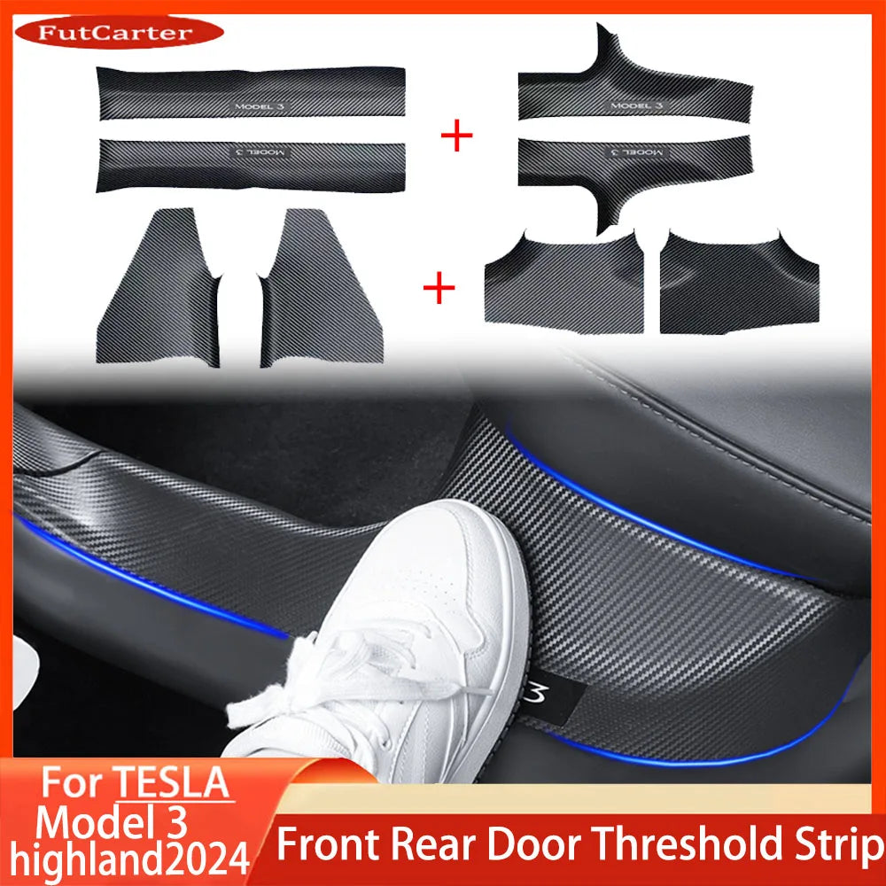 2 4 8Pcs ForTesla Model3/Y Highland 24-25ABS Front Rear Door Sill Protector Threshold Strip Anti-kick Guard Panel Waterproof Pad