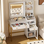 Vanity Desk with LED Lighted Mirror and Drawers Cabinet Open Storage Shelves Dressing Table for Girls Bedroom Makeup Room