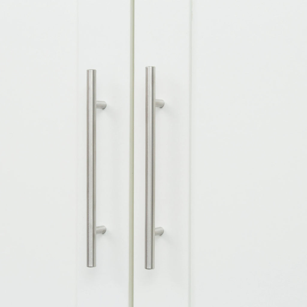 High wardrobe and kitchen cabinet with 2 doors, 2 drawers and 5 storage spaces,white