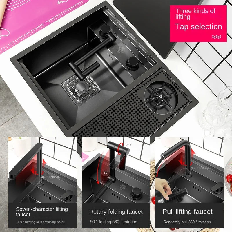 55CMX45CM Kitchen Sink Nano 304 Stainless Steel Vegetable Wash Basin Single Sink Wash Basin Sink Adjustable Folding Faucet