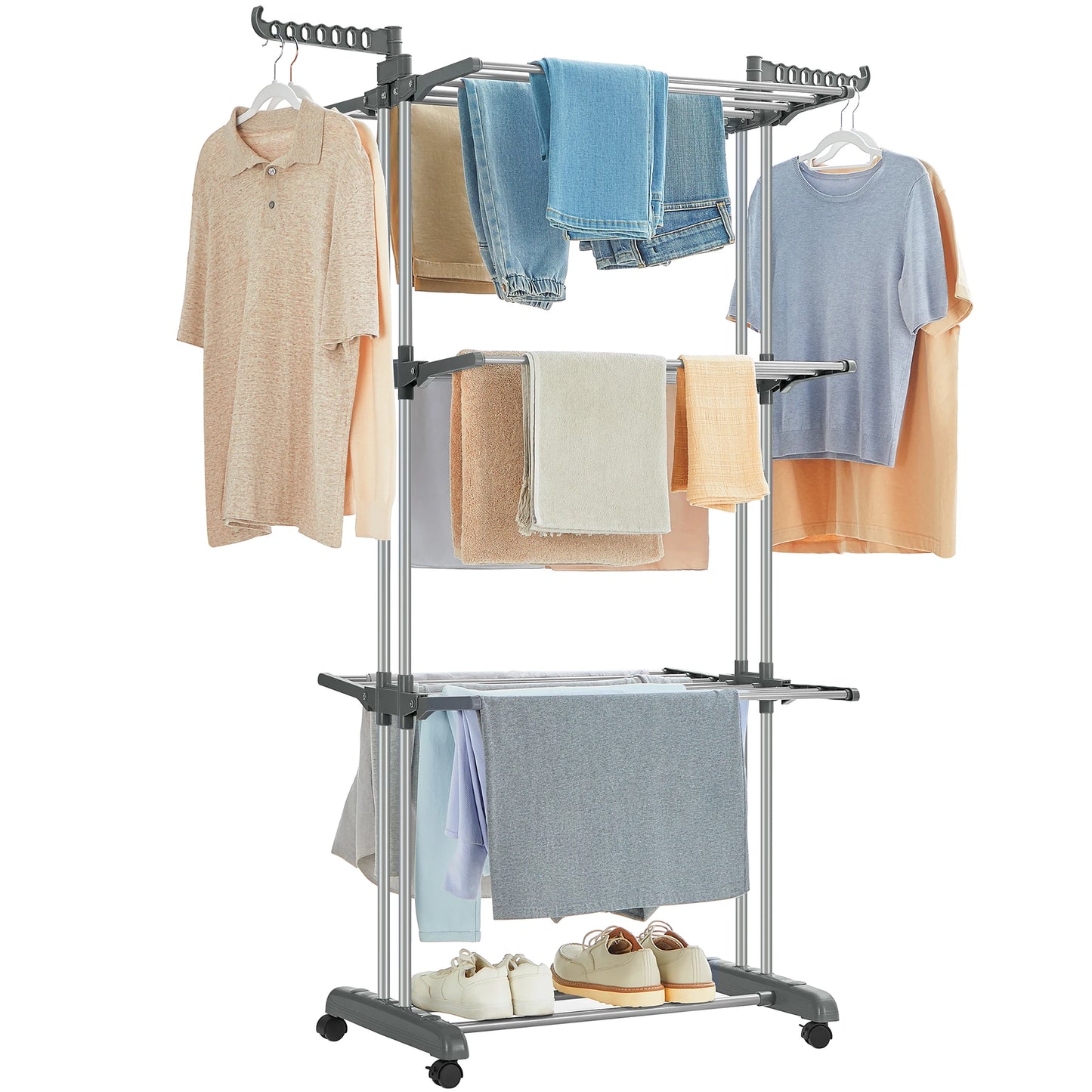 SONGMICS Clothes Drying Rack Stand 4-Tier, Foldable Laundry Drying Rack 68.1-Inch Tall, Steel, Rolling Clothes Horses Dryer Rack