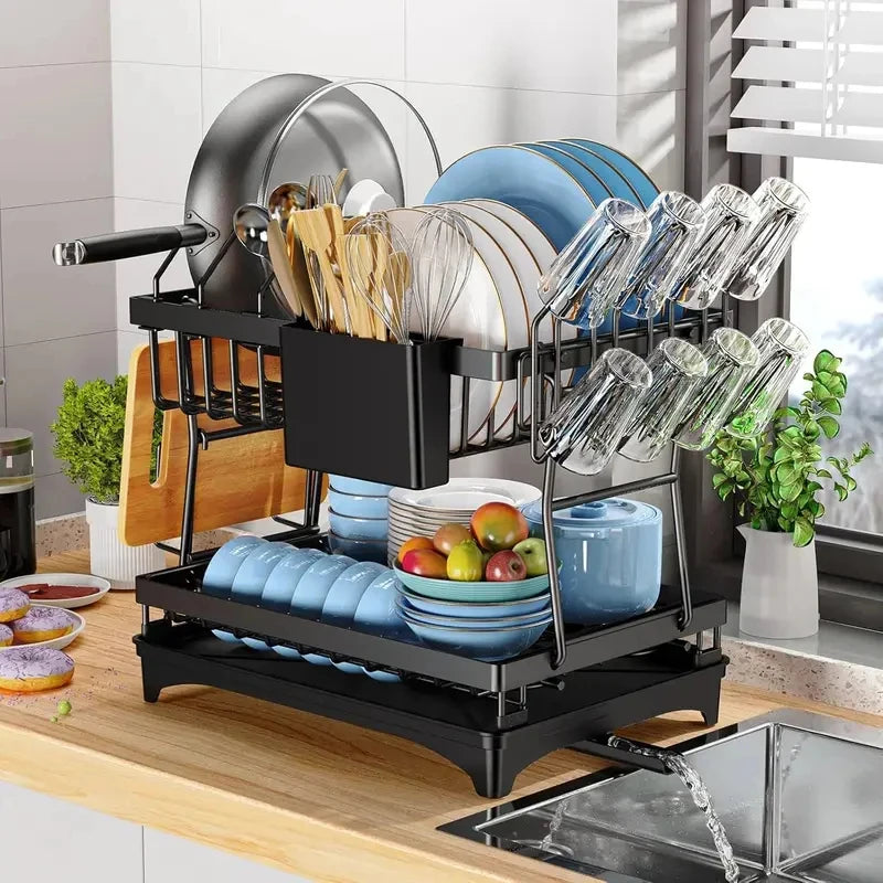 2-Tier Kitchen Dish Drainer Rack – Heavy-Duty Metal with Drip Tray, Protects Countertop & Holds More Dishes